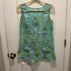 Click Women Sleeveless Tunic Top 100% Linen Abstract Floral Teal XS
